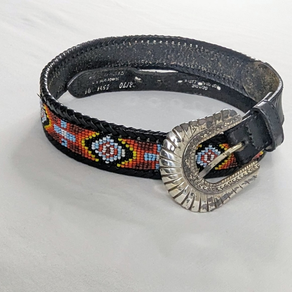 VTG Southwestern Black Braided Leather Beaded Silver Buckle Belt